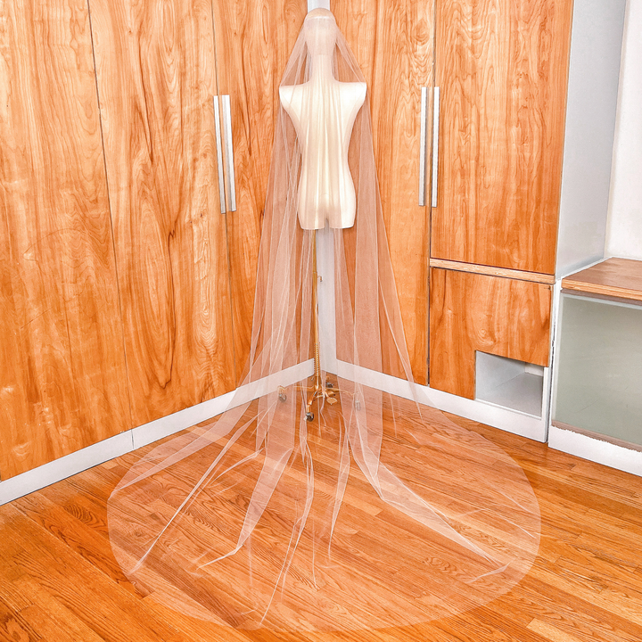 Back view of a simple cathedral tulle wedding veil with a raw edge, displaying the full floor-length extension and soft flow of the tulle.