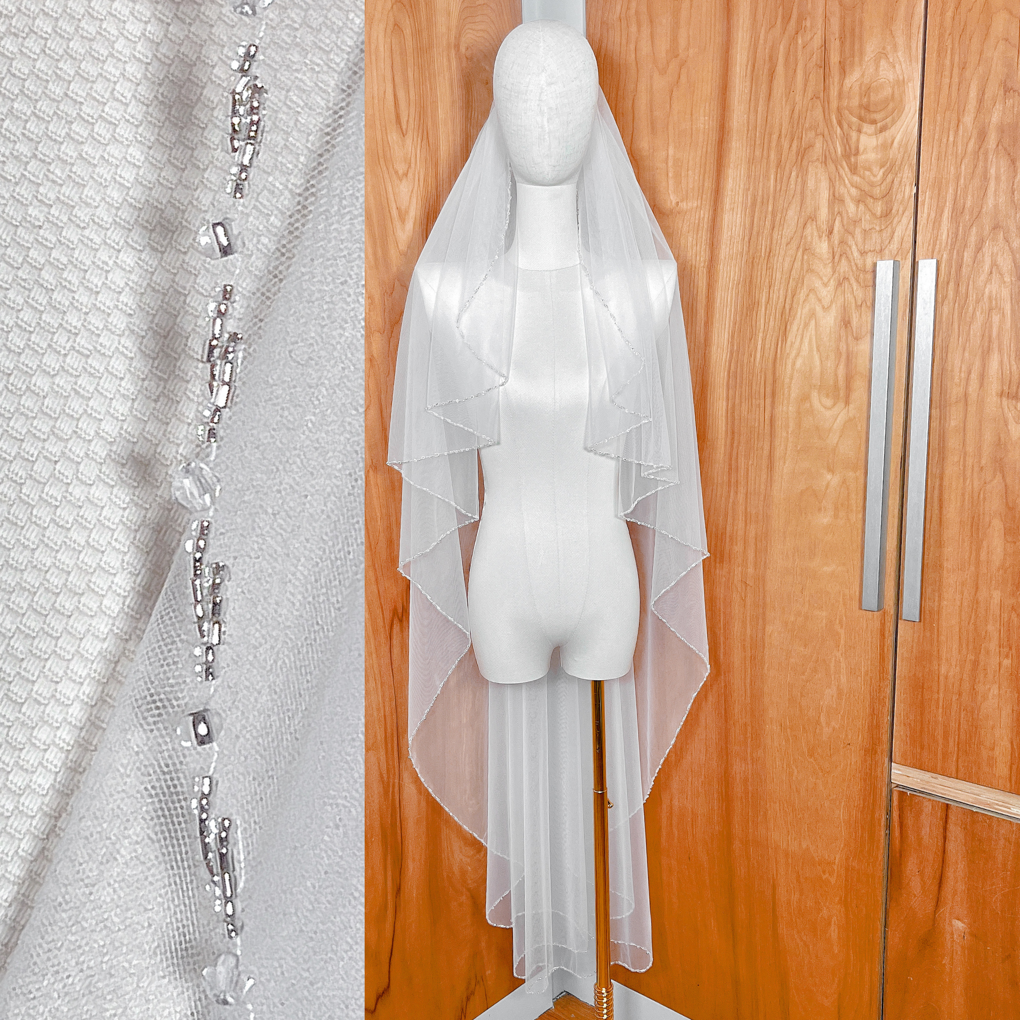 Waltz length beaded edge wedding veil displayed on a bridal torso.