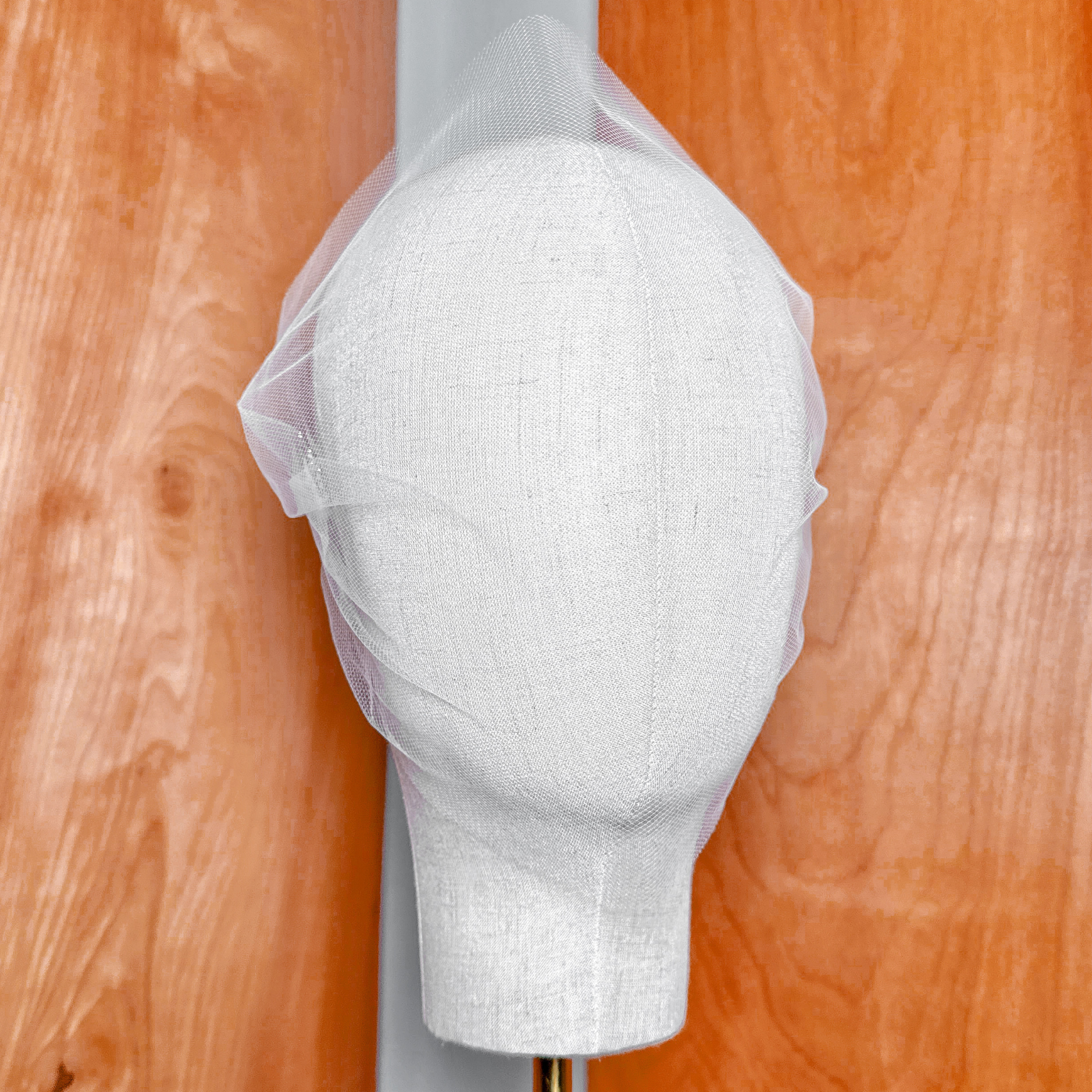 Front view of a sheer tulle bandeau wedding veil displayed on a mannequin.