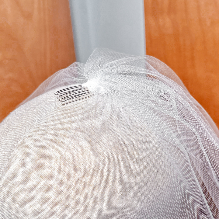 Extreme close-up of the delicate netting pattern on a tulle birdcage wedding veil.