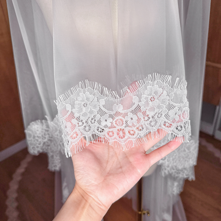 Close-up of the intricate floral Chantilly lace border on a cathedral length Two Tier Wedding Veil.