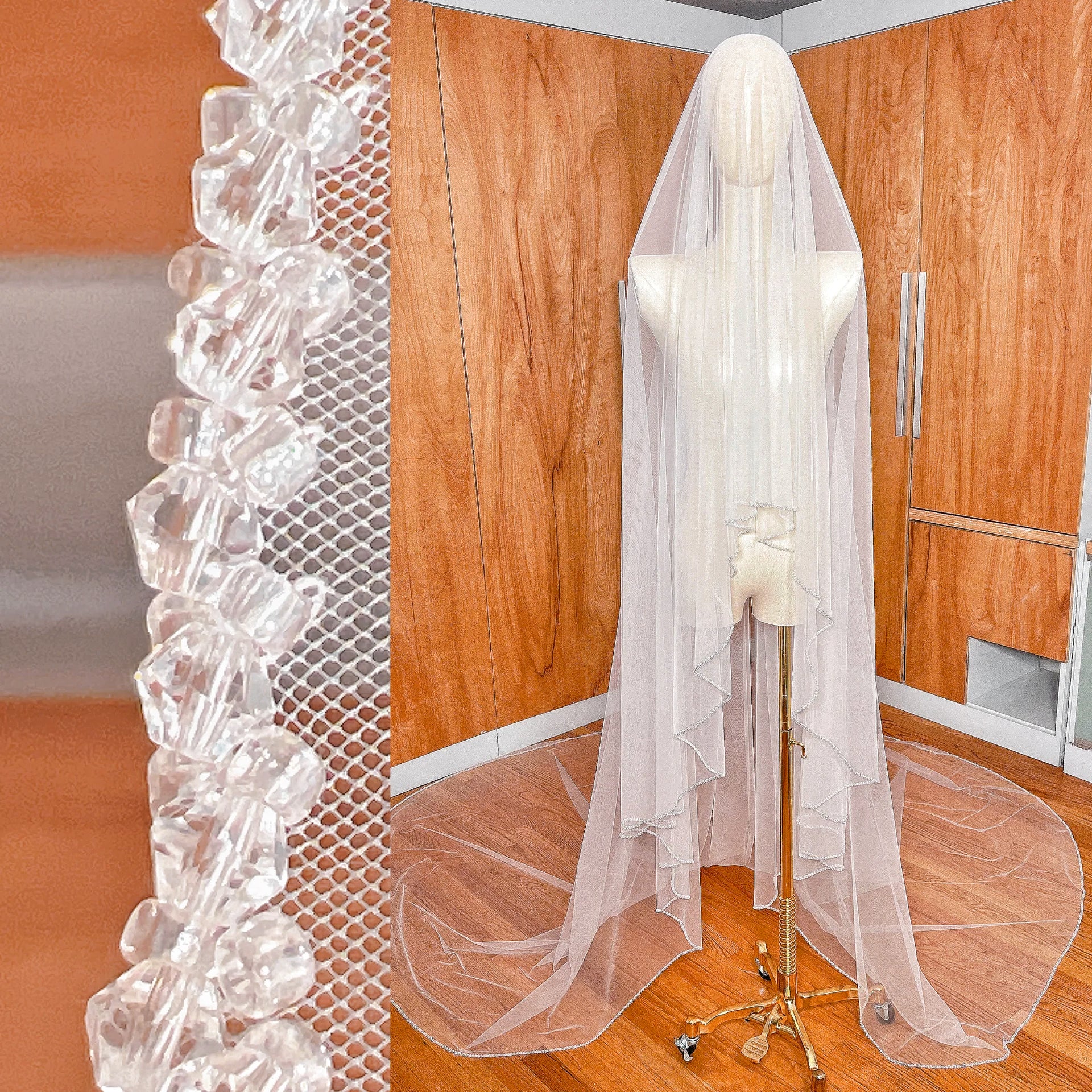 Front view showing the blusher tier forward on a two tier crystal beaded edge wedding veil.