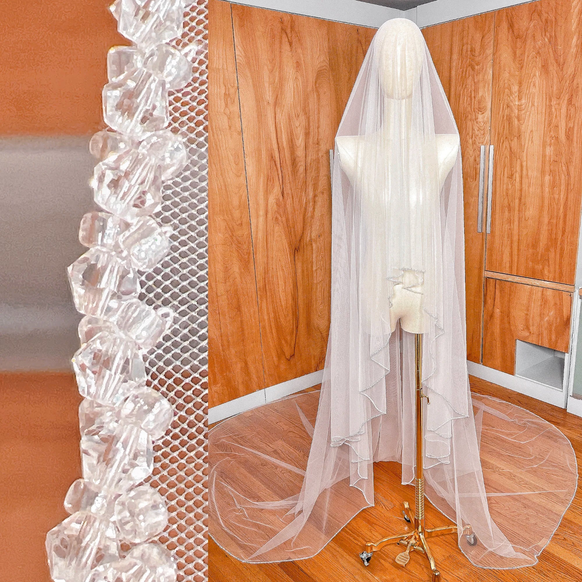 Front view showing the blusher tier forward on a two tier crystal beaded edge wedding veil.
