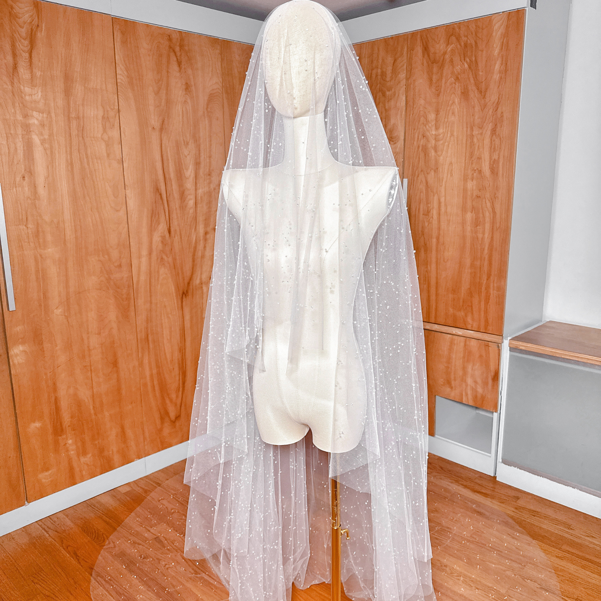Elegant bridal display of a two-tier scattered crystal beaded cathedral veil against a neutral studio background.