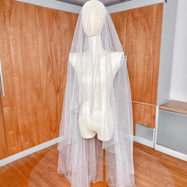 Elegant bridal display of a two-tier scattered crystal beaded cathedral veil against a neutral studio background.