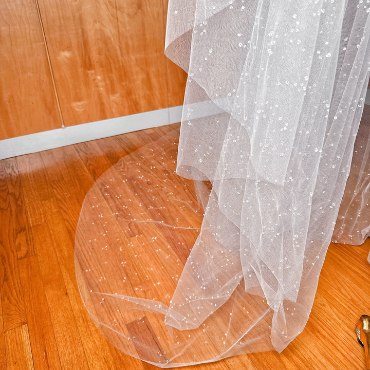 Brilliant light reflecting off the stones of a two-tier scattered crystal beaded cathedral veil.