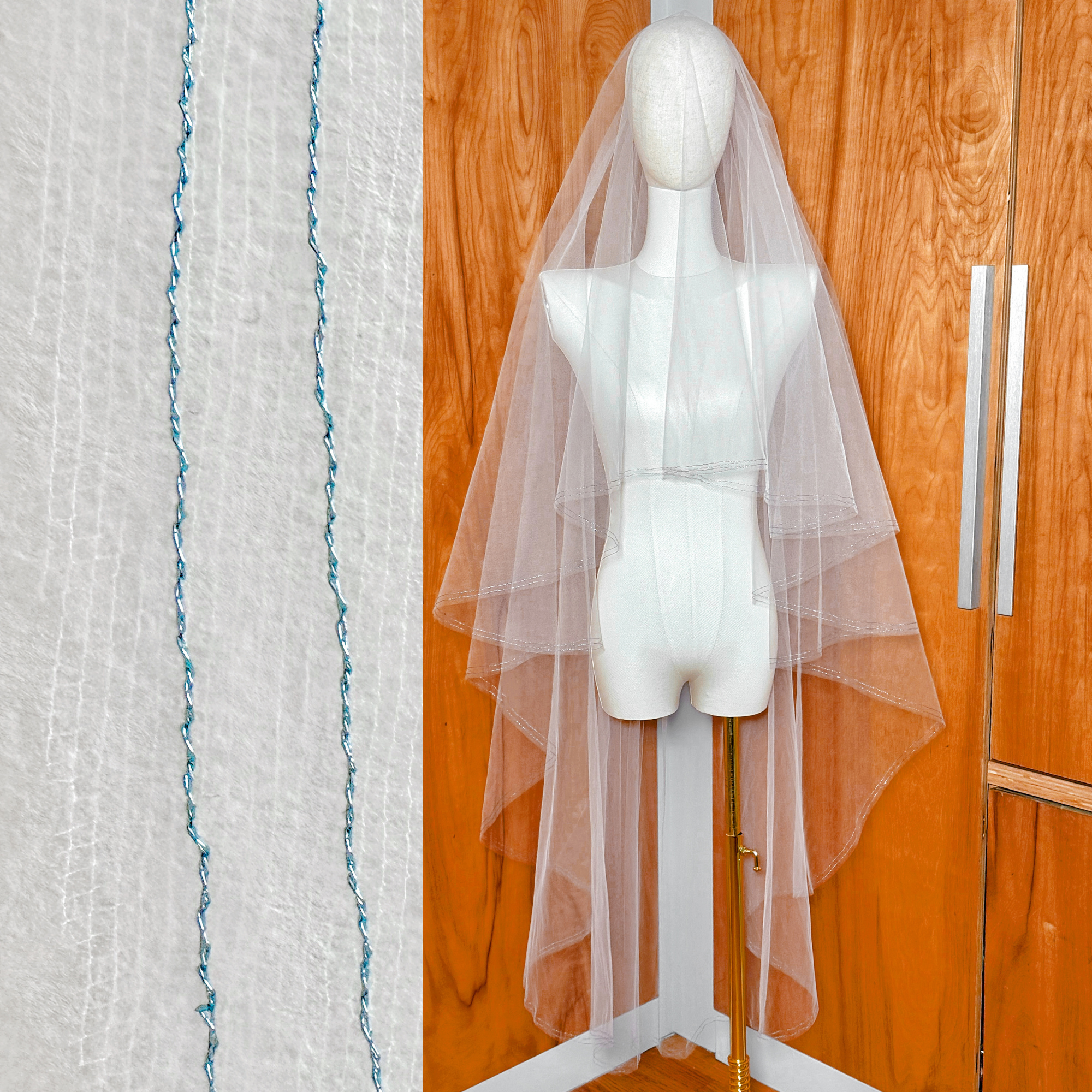 Waltz length two tier wedding veil with a vibrant blue metallic edge and a blusher layer draped elegantly.