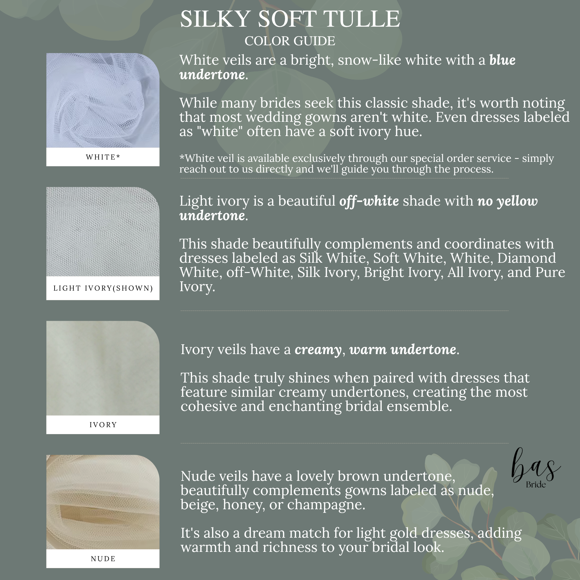Color guide for the whisper tulle, featuring White, Light Ivory, Ivory, and Nude swatches.