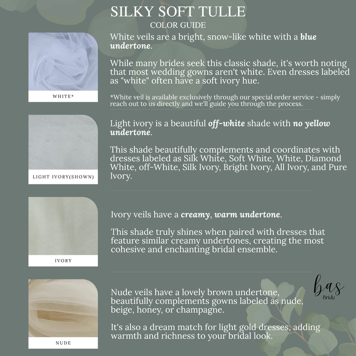 Color guide for the whisper tulle, featuring White, Light Ivory, Ivory, and Nude swatches.