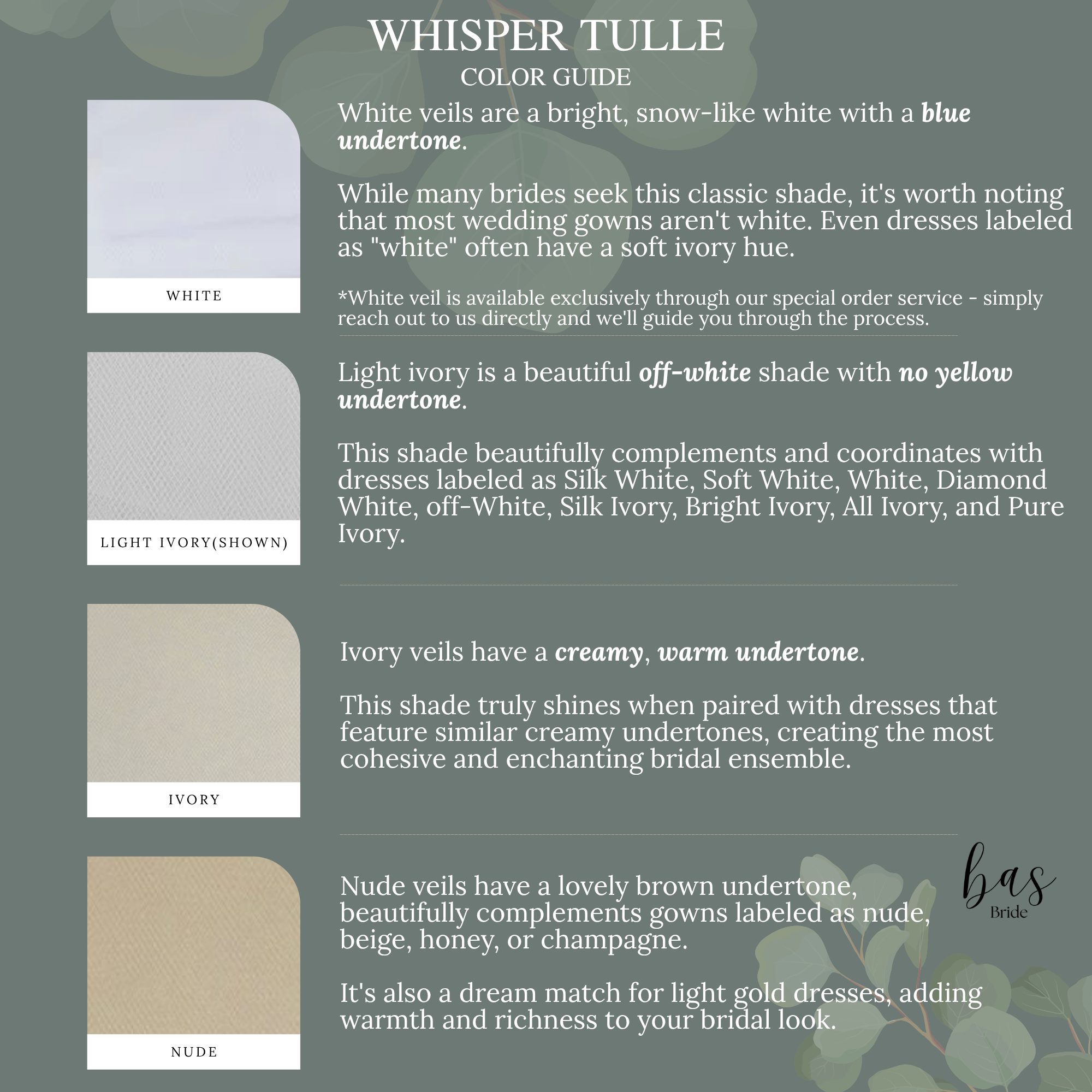 Color guide for the whisper tulle, featuring White, Light Ivory, Ivory, and Nude swatches.