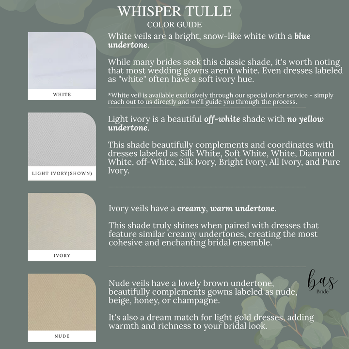 Color guide for the whisper tulle, featuring White, Light Ivory, Ivory, and Nude swatches.