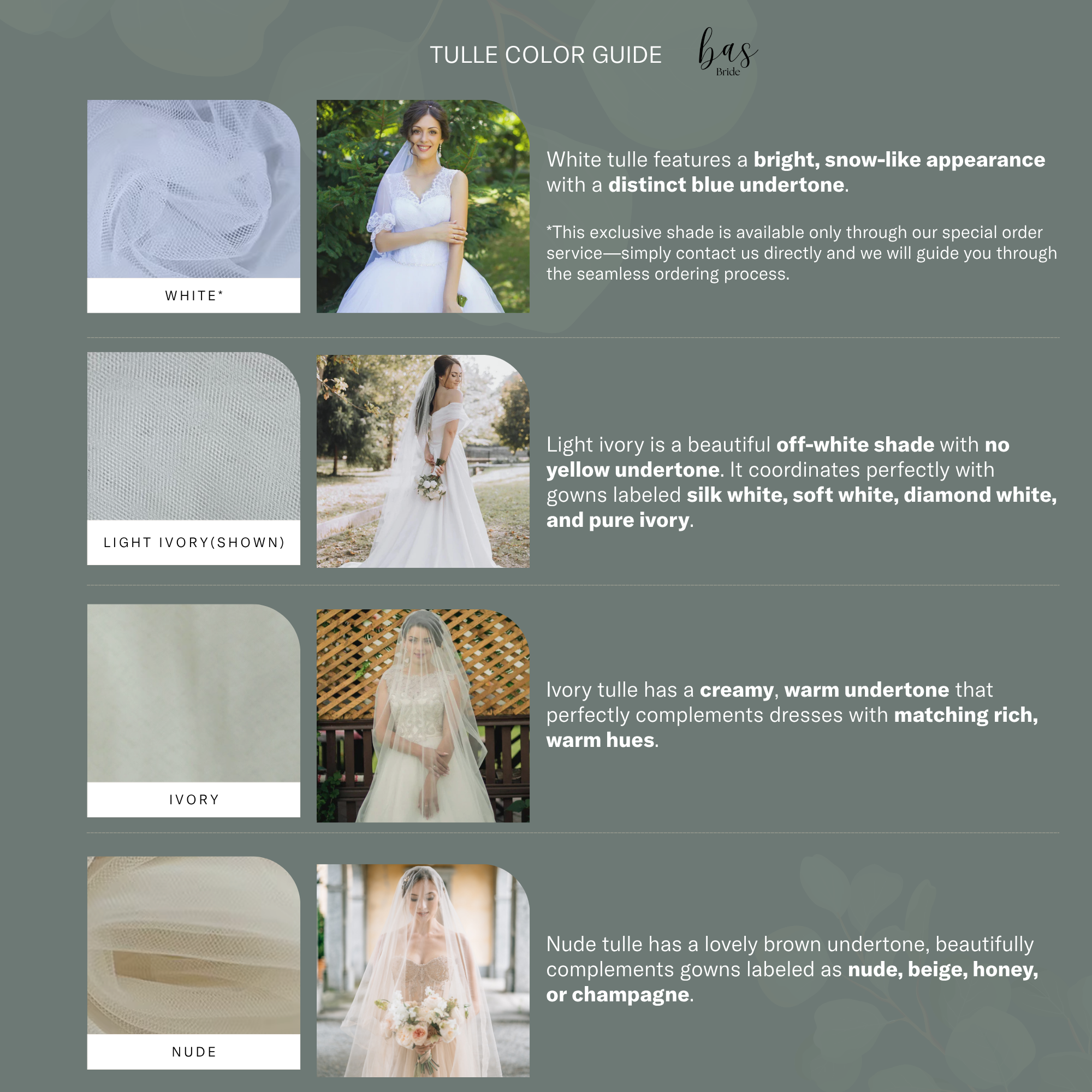 Color guide, featuring White, Light Ivory, Ivory, and Nude swatches.