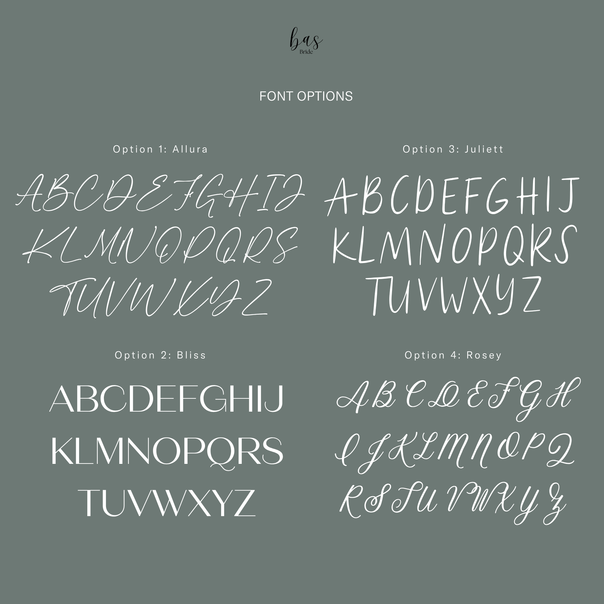 BAS Bride custom font options chart featuring four lettering styles for personalized foil velvet ring boxes: Allura, Bliss, Juliett, and Rosey.