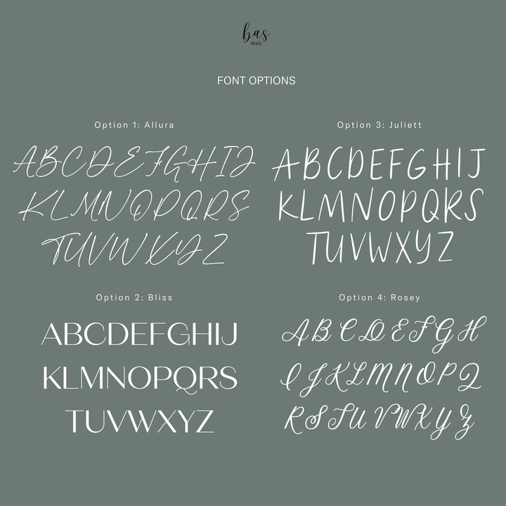BAS Bride custom font options chart featuring four lettering styles for personalized foil velvet ring boxes: Allura, Bliss, Juliett, and Rosey.