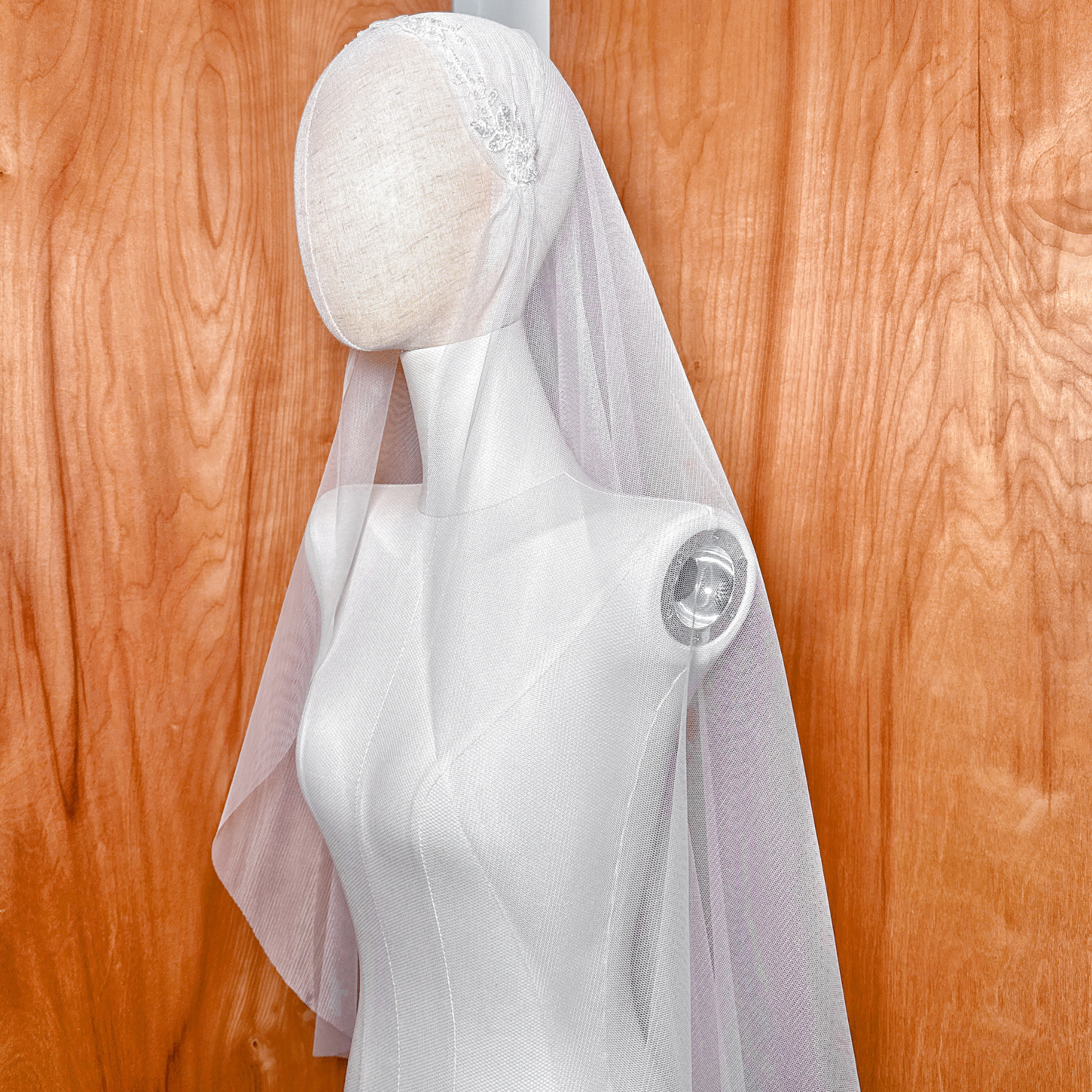 Vintage style Juliet cap veil with beaded lace from fingertip to cathedral length.