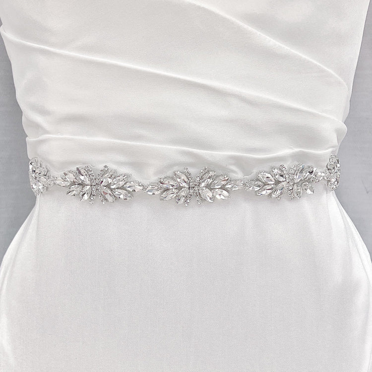 Silver Beaded Bridal Belt: Crystal Rhinestone Wedding Dress Sash for Brides