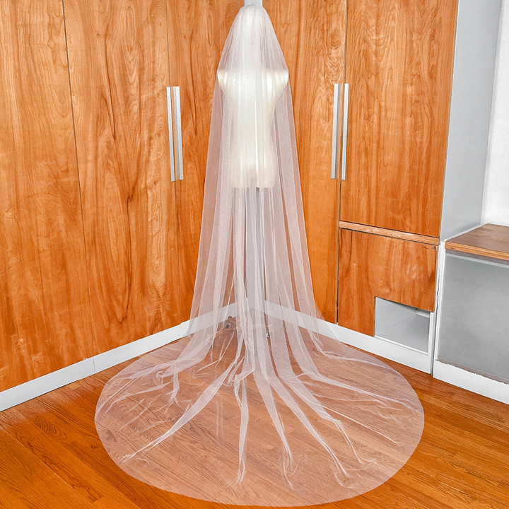 Back view showing the long, dramatic drape of the wide raw edge cathedral length wedding veil.